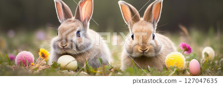 Easter background with bunny and eggs Easter background with bunny and eggs 127047635