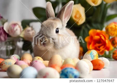 Easter background with bunny and eggs Easter background with bunny and eggs 127047647