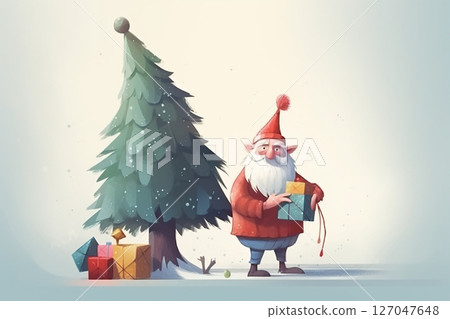 Christmas gnome with gifts near Christmas tree 127047648