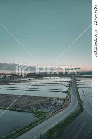 Flooded rice fields and the Northern Alps bathed in the morning sun [Azumino] 127047855