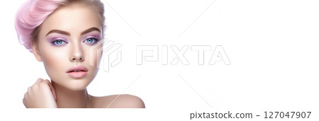 Portrait of a European girl with makeup on a light background, banner 127047907
