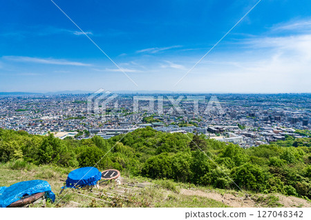 Ikeda City, Osaka Prefecture: The Daimonji fireplace on Mt. Satsukiyama and the Osaka Plain Ikeda City, Osaka Prefecture: The Daimonji fireplace on Mt. Satsukiyama and the Osaka Plain 127048342