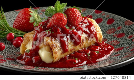 Rolled Crepe with Strawberry Sauce and Cream Filling 127048814