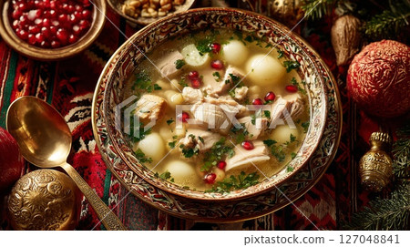 Hearty Holiday Soup with Pomegranate and Meat 127048841