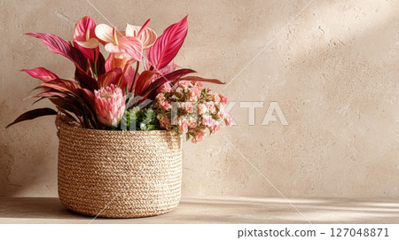 Pink and Red Flower Arrangement in a Woven Basket Pink and Red Flower Arrangement in a Woven Basket 127048871