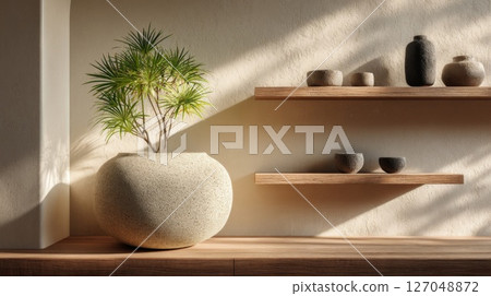 Textured Plant Pot and Pottery on Wooden Shelves Textured Plant Pot and Pottery on Wooden Shelves 127048872