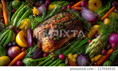 Roasted Meat with Colorful Autumn Vegetables 127048910
