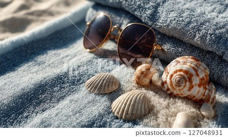 Seashells and Sunglasses on a Blue Beach Towel 127048931