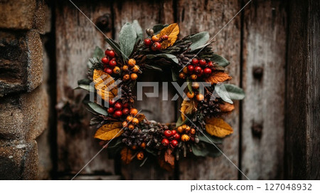 Autumnal Wreath with Red and Yellow Berries on Rustic Wooden Door 127048932