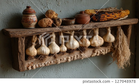Rustic Wooden Shelf with Hanging Garlic Bulbs and Dried Corn 127048978