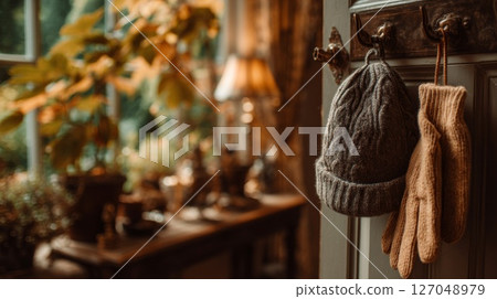 Cozy Winter Scene with Knit Hat and Gloves 127048979