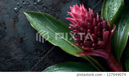 Closeup of a Deep Pink Tropical Flower with Dewy Green Leaves on Dark Background 127049074
