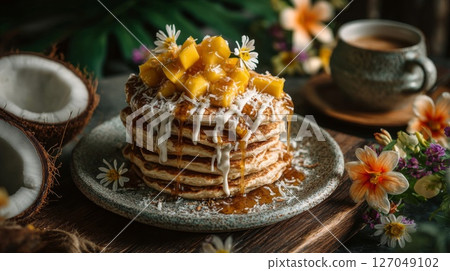 Delicious Mango and Coconut Pancakes with Coffee Delicious Mango and Coconut Pancakes with Coffee 127049102