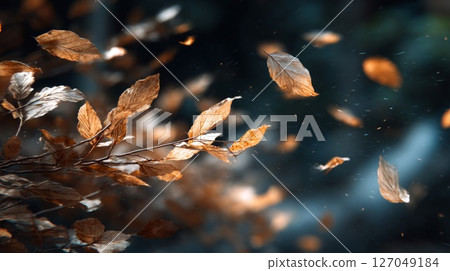Golden Autumn Leaves Falling on a Dark Background 127049184