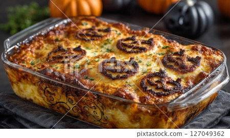 Halloween Lasagna in Glass Dish with Pumpkins 127049362