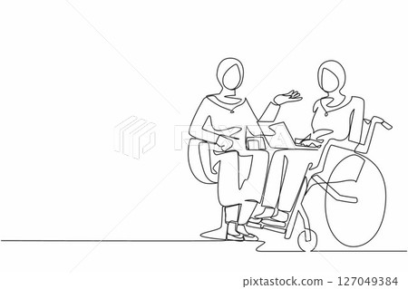 Single continuous line drawing employee with disabilities and inclusion work together. Disabled Arabian female on wheelchair with coworker sit communicate using laptop. One line graphic design vector Single continuous line drawing employee with disabilities and inclusion work together. Disabled Arabian female on wheelchair with coworker sit communicate using laptop. One line graphic design vector 127049384