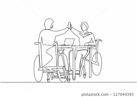 Continuous one line drawing two disabled Arabian women give high five coworker. Office worker sitting in wheelchair joy. Colleague celebrating success. Good job sign. Single line design vector graphic Continuous one line drawing two disabled Arabian women give high five coworker. Office worker sitting in wheelchair joy. Colleague celebrating success. Good job sign. Single line design vector graphic 127049393