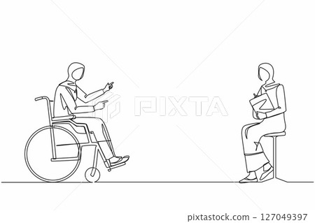 Single continuous line drawing disabled Arab woman at job interview in office. Person in wheelchair talking with employer. Job interview, workday, social help. One line draw design vector illustration 127049397