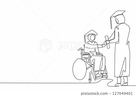 Single one line drawing disabled Arabian woman student receiving graduation from university rector. Disability bachelor, inclusive education. Continuous line draw design graphic vector illustration Single one line drawing disabled Arabian woman student receiving graduation from university rector. Disability bachelor, inclusive education. Continuous line draw design graphic vector illustration 127049401