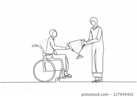 Single continuous line drawing disabled Arab woman on wheelchair accept winner trophy cup. Achievement and victory. Disability people success in sport and business. One line draw graphic design vector 127049402