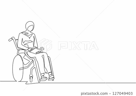 Continuous one line drawing young positive student disabled reads book while sitting in wheelchair. Disability Arabian woman studying in college. Single line draw design vector graphic illustration 127049403