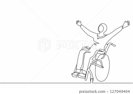 Continuous one line drawing Arabic woman sitting in wheelchair, raising hands in happiness, rehabilitation concept. Happy young woman in wheelchair. Single line draw design vector graphic illustration Continuous one line drawing Arabic woman sitting in wheelchair, raising hands in happiness, rehabilitation concept. Happy young woman in wheelchair. Single line draw design vector graphic illustration 127049404