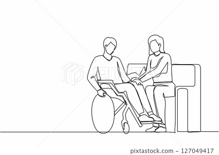 Single one line drawing couple at home with disability man in wheelchair holding hands with woman sitting on sofa. Assistance rehabilitation of disabled person. Continuous line design graphic vector 127049417