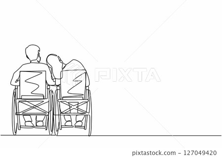 Single one line drawing back view couple with disabilities sit in wheelchairs talking each other. Woman rests her head on man's shoulder. People with disability. Continuous line draw design vector 127049420
