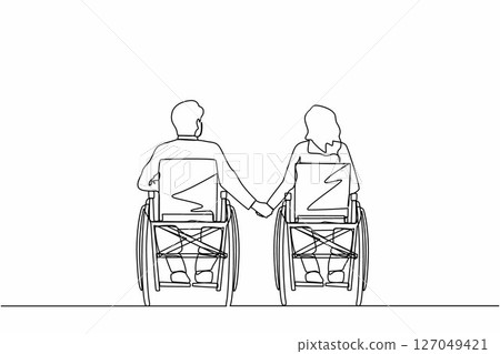 Continuous one line drawing back view of disabled people on wheelchair living happy active lifestyle. Disabled couple man woman in wheelchair sitting and holding hands. Single line draw design vector 127049421