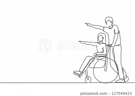 Single continuous line drawing happy wife have fun outdoor, pointing at park with husband. Caregiver man pushing woman on wheelchair, enjoy health care activity. One line draw graphic design vector 127049423