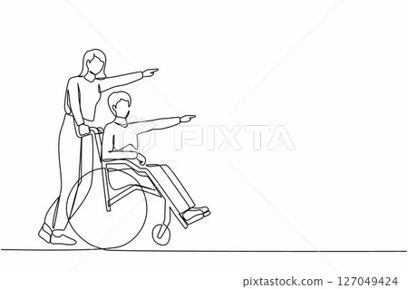 Single one line drawing couple of happy people while pointing in one direction. Caregiver woman pushing man on wheelchair, enjoy health care activity. Continuous line draw design vector illustration 127049424