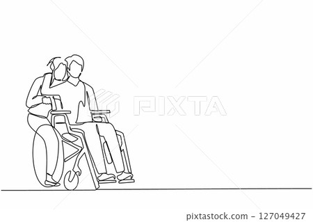 Single one line drawing man sitting in wheelchair while wife standing behind and hugging him. Woman supporting husband during rehabilitation. Relationship concept. Continuous line draw design vector Single one line drawing man sitting in wheelchair while wife standing behind and hugging him. Woman supporting husband during rehabilitation. Relationship concept. Continuous line draw design vector 127049427