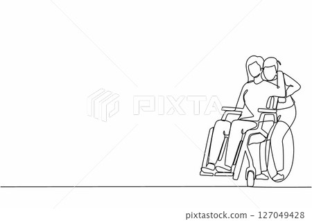 Continuous one line drawing woman sitting in wheelchair while husband standing behind and hugging her. Man supporting wife during rehabilitation. Relationship concept. Single line draw design vector Continuous one line drawing woman sitting in wheelchair while husband standing behind and hugging her. Man supporting wife during rehabilitation. Relationship concept. Single line draw design vector 127049428