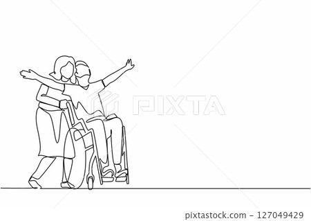 Single continuous line drawing happy disabled man in wheelchair on walk with his loving wife outdoors, having fun, spending time together. Impaired couple enjoying fun day. One line draw design vector Single continuous line drawing happy disabled man in wheelchair on walk with his loving wife outdoors, having fun, spending time together. Impaired couple enjoying fun day. One line draw design vector 127049429