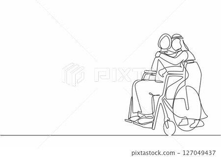 Continuous one line drawing Arab woman in wheelchair after car accident and her husband to give encouragement. Mutual care has made disabled people equality in society. Single line draw design vector Continuous one line drawing Arab woman in wheelchair after car accident and her husband to give encouragement. Mutual care has made disabled people equality in society. Single line draw design vector 127049437