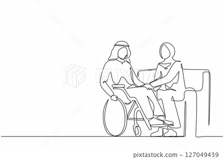 Single one line drawing Arabian couple with disability man in wheelchair holding hands with woman sitting on sofa. Assistance rehabilitation of disabled person. Continuous line design graphic vector Single one line drawing Arabian couple with disability man in wheelchair holding hands with woman sitting on sofa. Assistance rehabilitation of disabled person. Continuous line design graphic vector 127049439