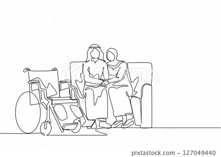 Single one line drawing Arabian woman comforting injured disabled husband tell diagnosis help with disability problem talk, holding hands with wheelchair at home. Continuous line design graphic vector Single one line drawing Arabian woman comforting injured disabled husband tell diagnosis help with disability problem talk, holding hands with wheelchair at home. Continuous line design graphic vector 127049440