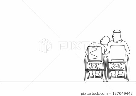 Single one line drawing back view Arabian couple with disabilities sit in wheelchairs talking each other. Woman rests her head on man shoulder. People with disability. Continuous line design vector Single one line drawing back view Arabian couple with disabilities sit in wheelchairs talking each other. Woman rests her head on man shoulder. People with disability. Continuous line design vector 127049442