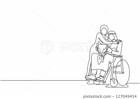 Continuous one line drawing disability Arabic man on wheelchair with trophy cup sharing his joy from achievements and victory with his wife. Disabled people success in sport. Single line design vector 127049454