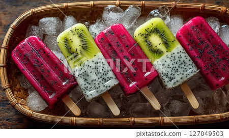 Red And Green Dragon Fruit Kiwi Popsicles On Ice 127049503