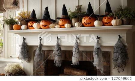 Halloween Pumpkins and Witch Hats on Fireplace Mantel 127049665