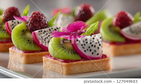 Colorful Fruit Tarts with Kiwi, Dragon Fruit, and Raspberry Colorful Fruit Tarts with Kiwi, Dragon Fruit, and Raspberry 127049683