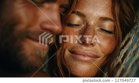 Close Up Portrait of a Romantic Couple Relaxing in Hammock 127049727