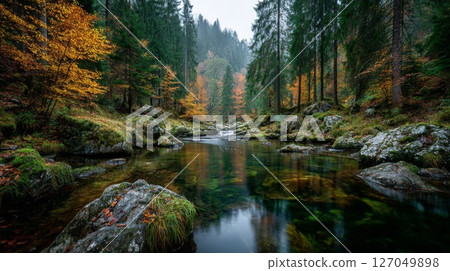Autumn River in a Misty Forest Autumn River in a Misty Forest 127049898