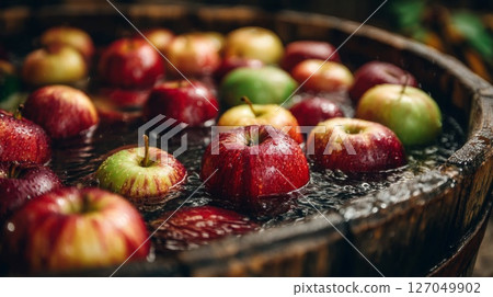 Red and Green Apples Soaking in Wooden Barrel 127049902