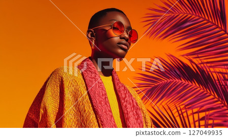 Woman in Yellow and Pink Outfit Posing with Palm Leaves 127049935