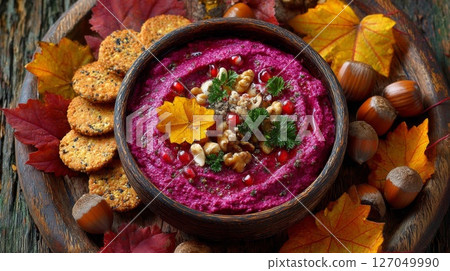 Vibrant Beetroot Dip with Walnuts and Pomegranate, Autumn Leaves 127049990
