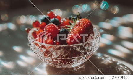 Red Berries in Crystal Bowl on Table 127049991