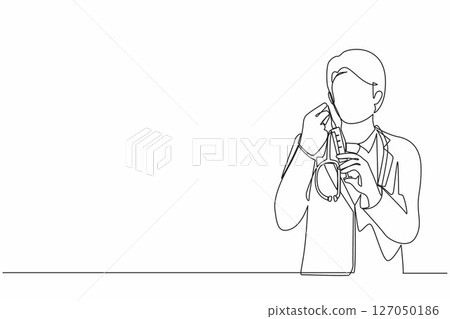 Single continuous line drawing doctor or scientist in laboratory holding syringe with liquid vaccines for children or older adults, fight against virus covid-19. One line draw graphic design vector 127050186