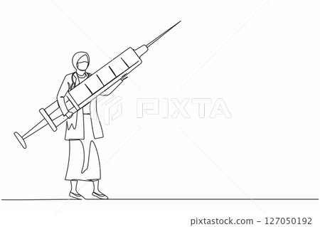 Continuous one line drawing Arabian woman doctor holding syringe with medication. Medical staff stand with large disposable syringe. Vaccination concept. Single line design vector graphic illustration 127050192